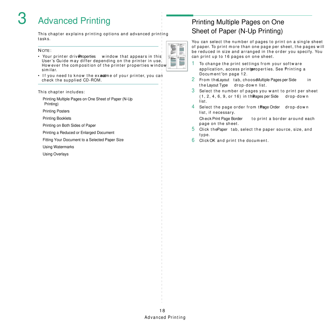 Samsung ML-4050ND manual Advanced Printing, Printing Multiple Pages on One Sheet of Paper N-Up Printing 