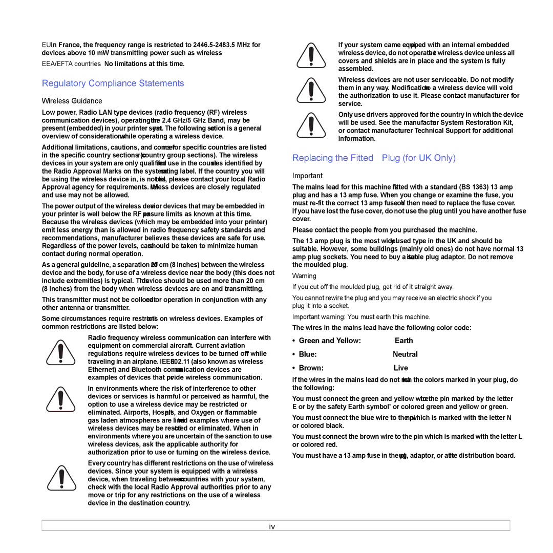 Samsung ML-4050ND manual Regulatory Compliance Statements, Replacing the Fitted Plug for UK Only, Wireless Guidance 