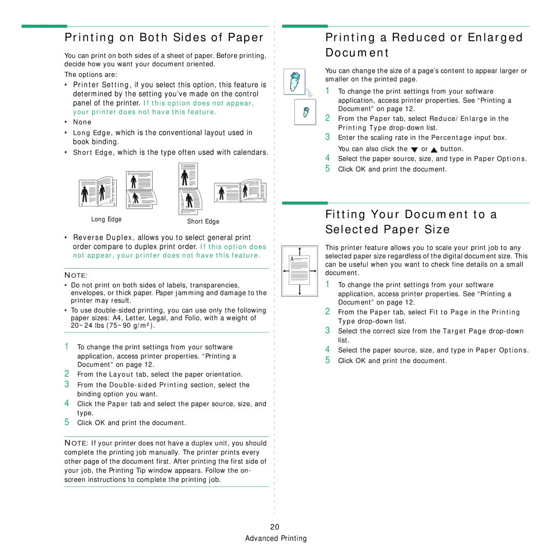 Samsung ML-4050ND manual Printing on Both Sides of Paper, Printing a Reduced or Enlarged Document, None 