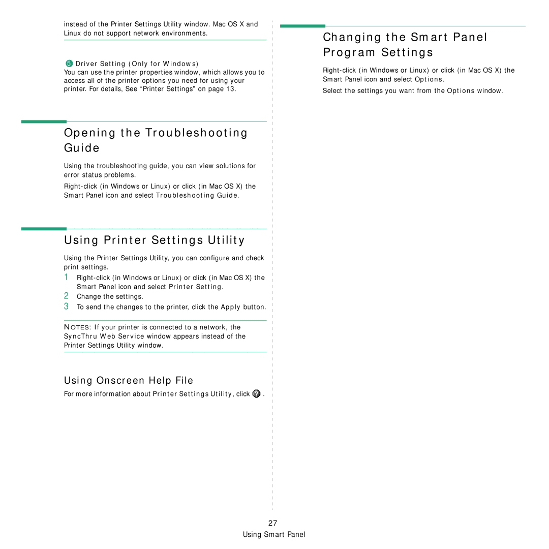 Samsung ML-4050ND manual Opening the Troubleshooting Guide, Using Printer Settings Utility, Using Onscreen Help File 