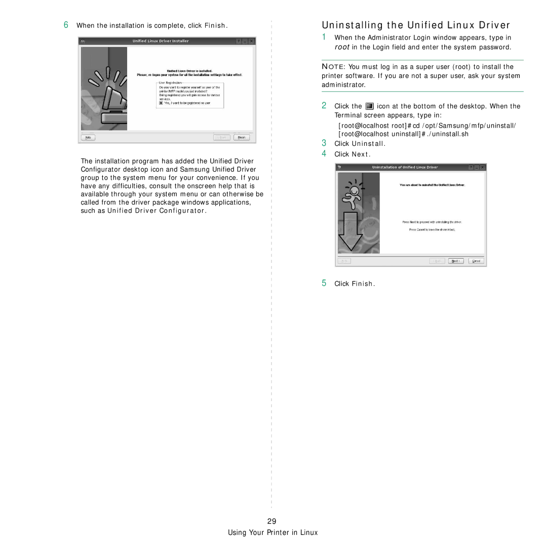 Samsung ML-4050ND manual Uninstalling the Unified Linux Driver, Click Uninstall 