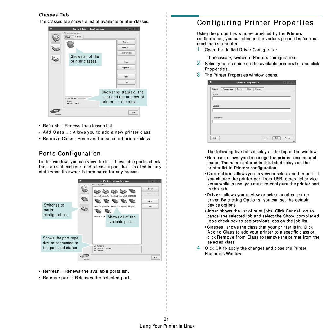 Samsung ML-4050ND manual Configuring Printer Properties, Ports Configuration, Classes Tab 