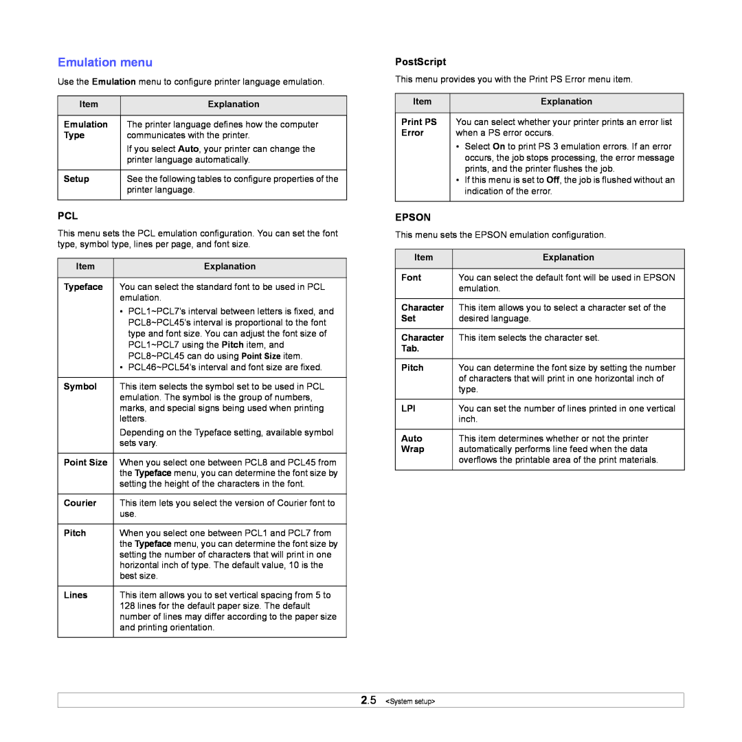 Samsung ML-4050ND manual Emulation menu, PostScript, Epson 