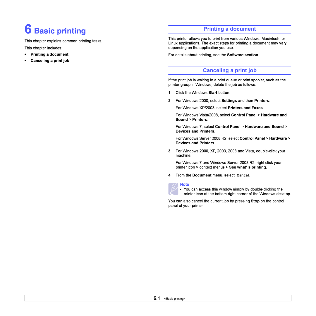 Samsung ML-4050ND manual Basic printing, Printing a document, Canceling a print job 