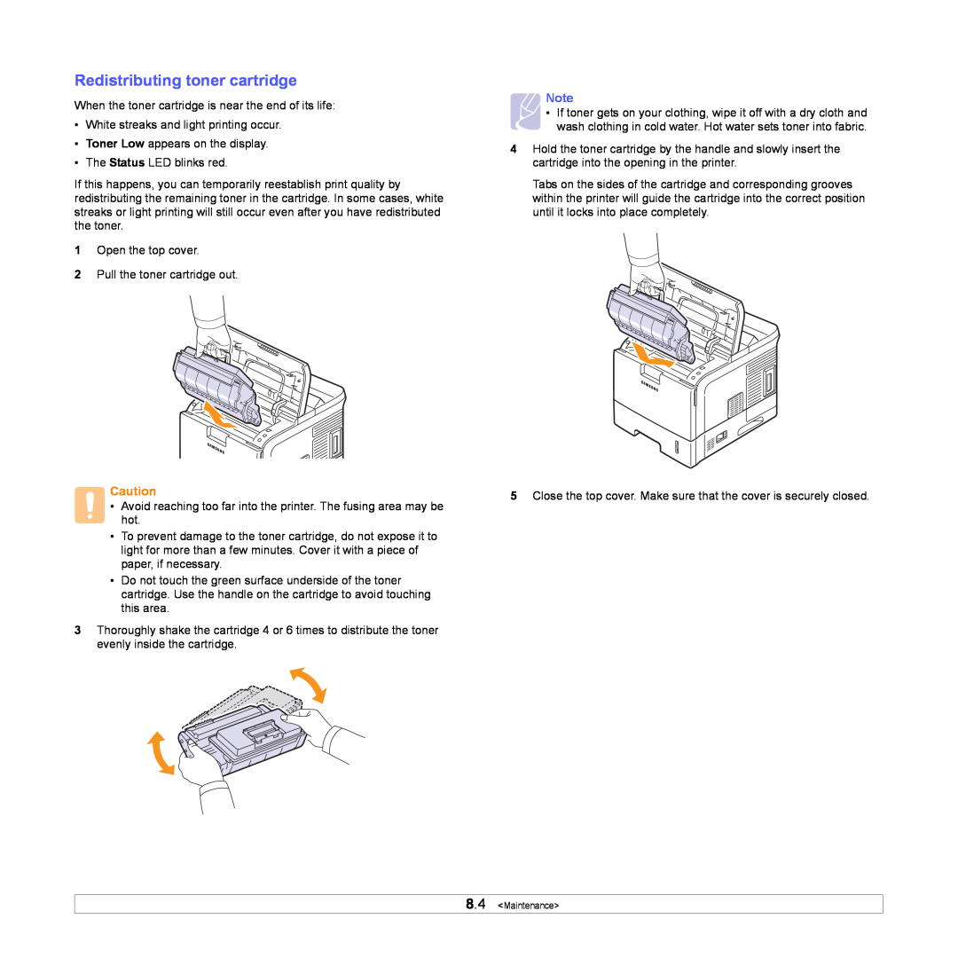 Samsung ML-4050ND manual Redistributing toner cartridge, Maintenance 