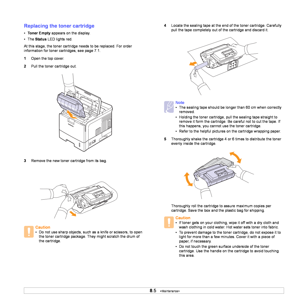 Samsung ML-4050ND manual Replacing the toner cartridge, Maintenance 