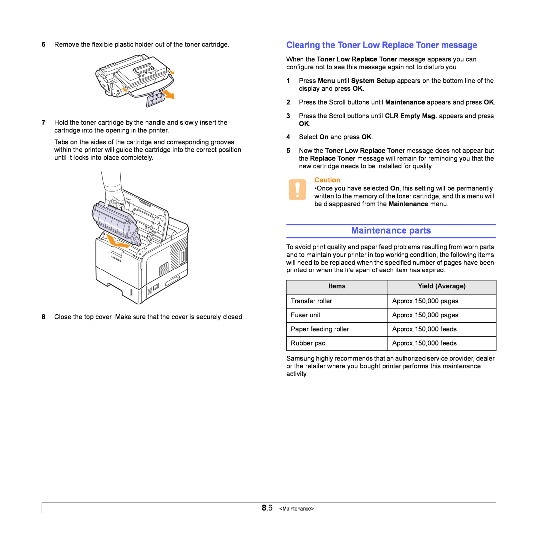 Samsung ML-4050ND manual Maintenance parts, Clearing the Toner Low Replace Toner message 