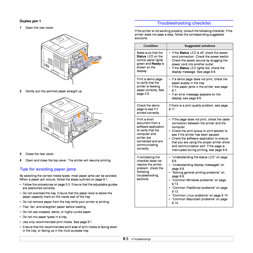 Samsung ML-4050ND manual Troubleshooting checklist, Tips for avoiding paper jams, Duplex jam 