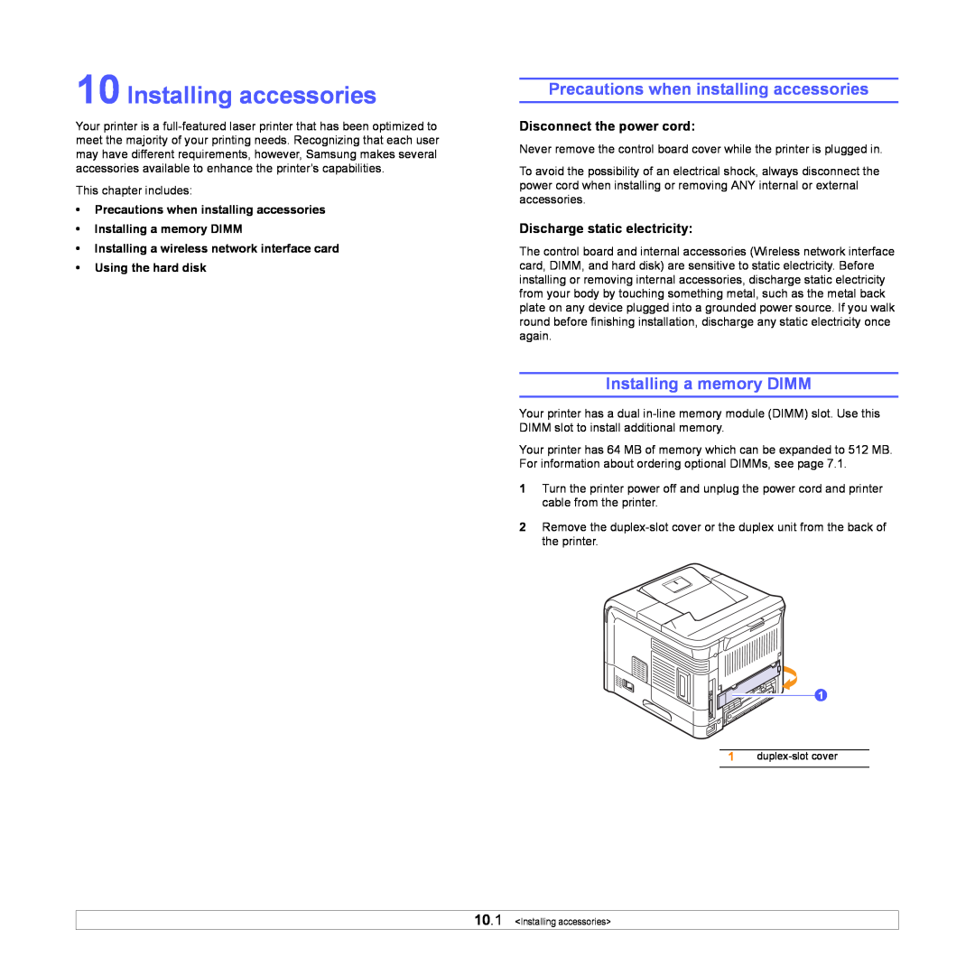 Samsung ML-4050ND manual Installing accessories, Precautions when installing accessories, Installing a memory DIMM 