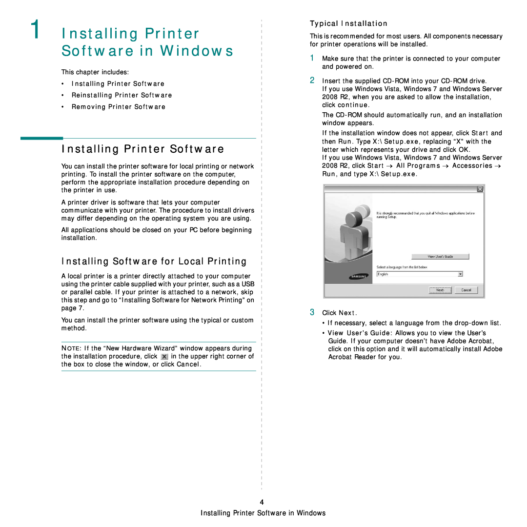 Samsung ML-4050ND Installing Printer Software in Windows, Installing Software for Local Printing, Typical Installation 