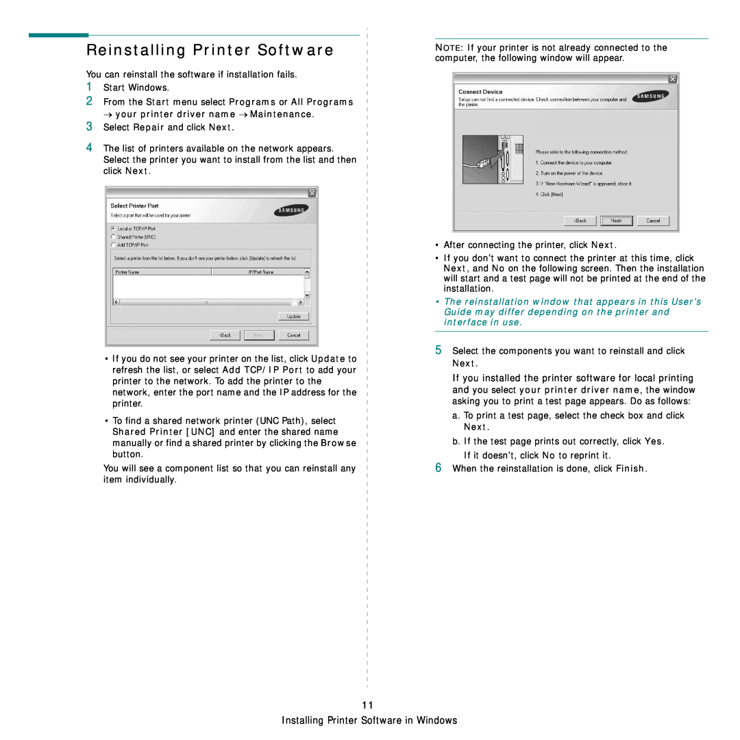 Samsung ML-4050ND manual Reinstalling Printer Software 