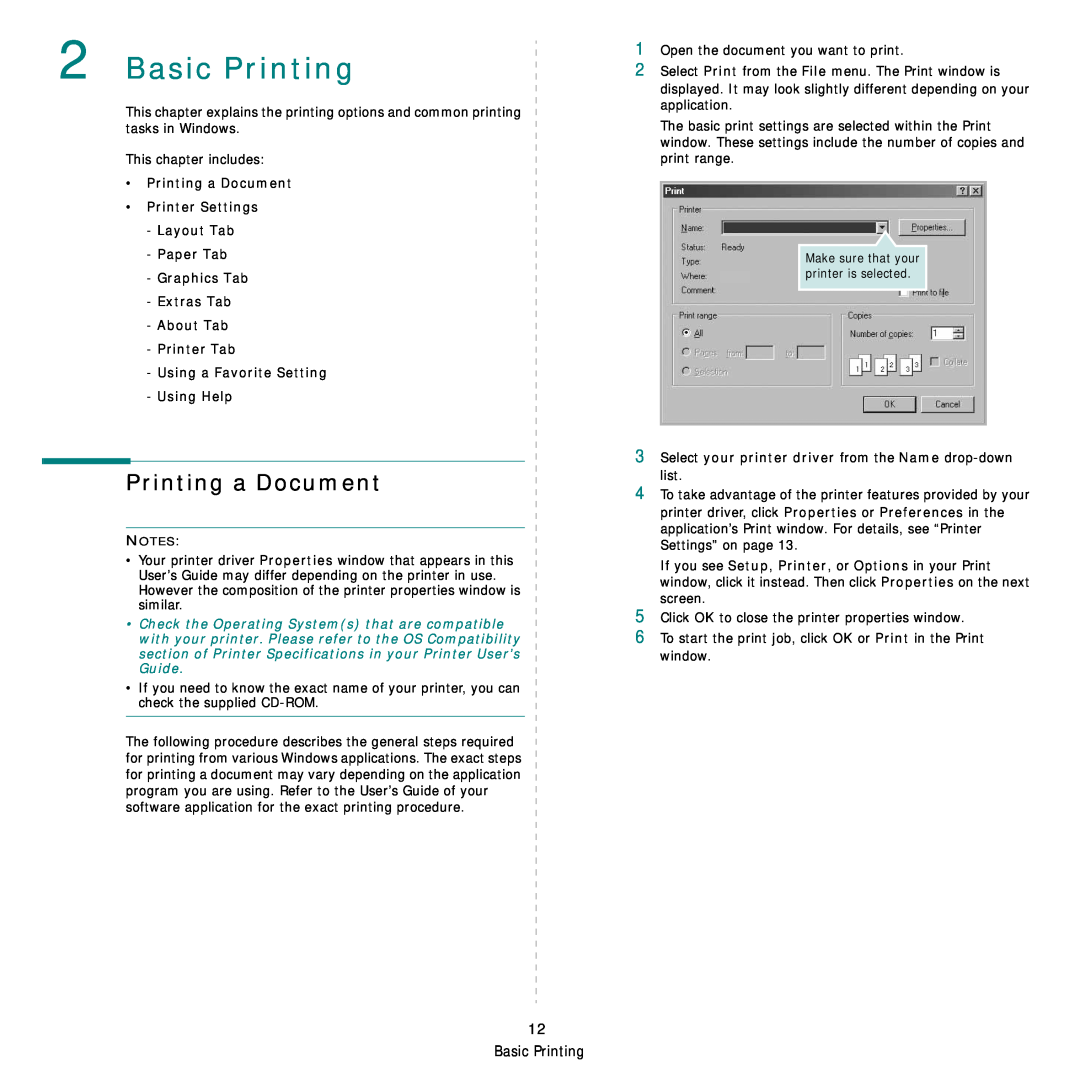 Samsung ML-4050ND manual Basic Printing, Printing a Document Printer Settings Layout Tab Paper Tab 