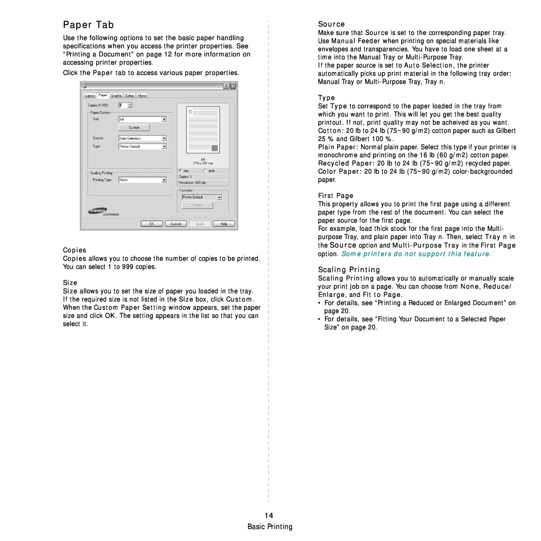 Samsung ML-4050ND manual Paper Tab, Source, Scaling Printing, Copies, Size, Type, First Page 
