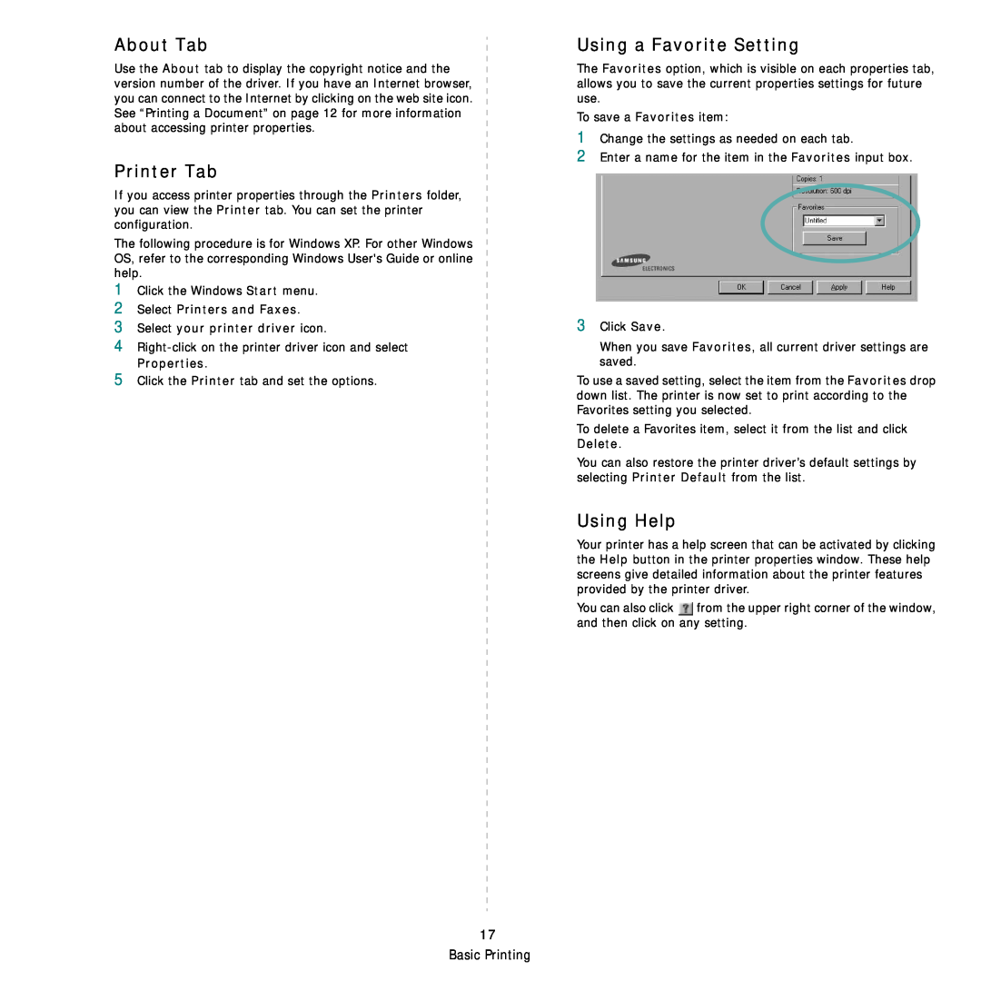 Samsung ML-4050ND manual About Tab, Printer Tab, Using a Favorite Setting, Using Help 