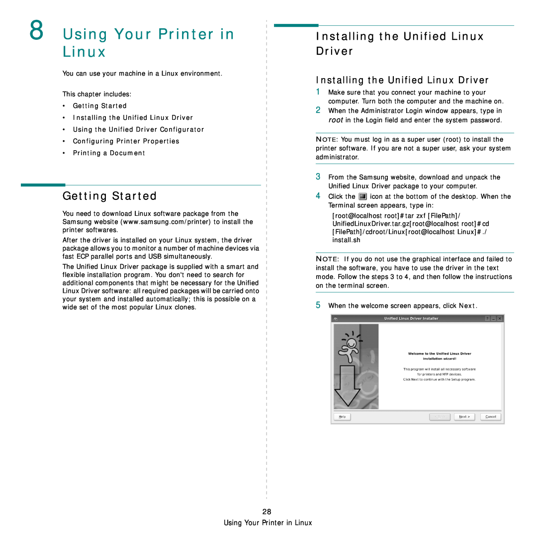Samsung ML-4050ND Using Your Printer in Linux, Getting Started, Installing the Unified Linux Driver, Printing a Document 