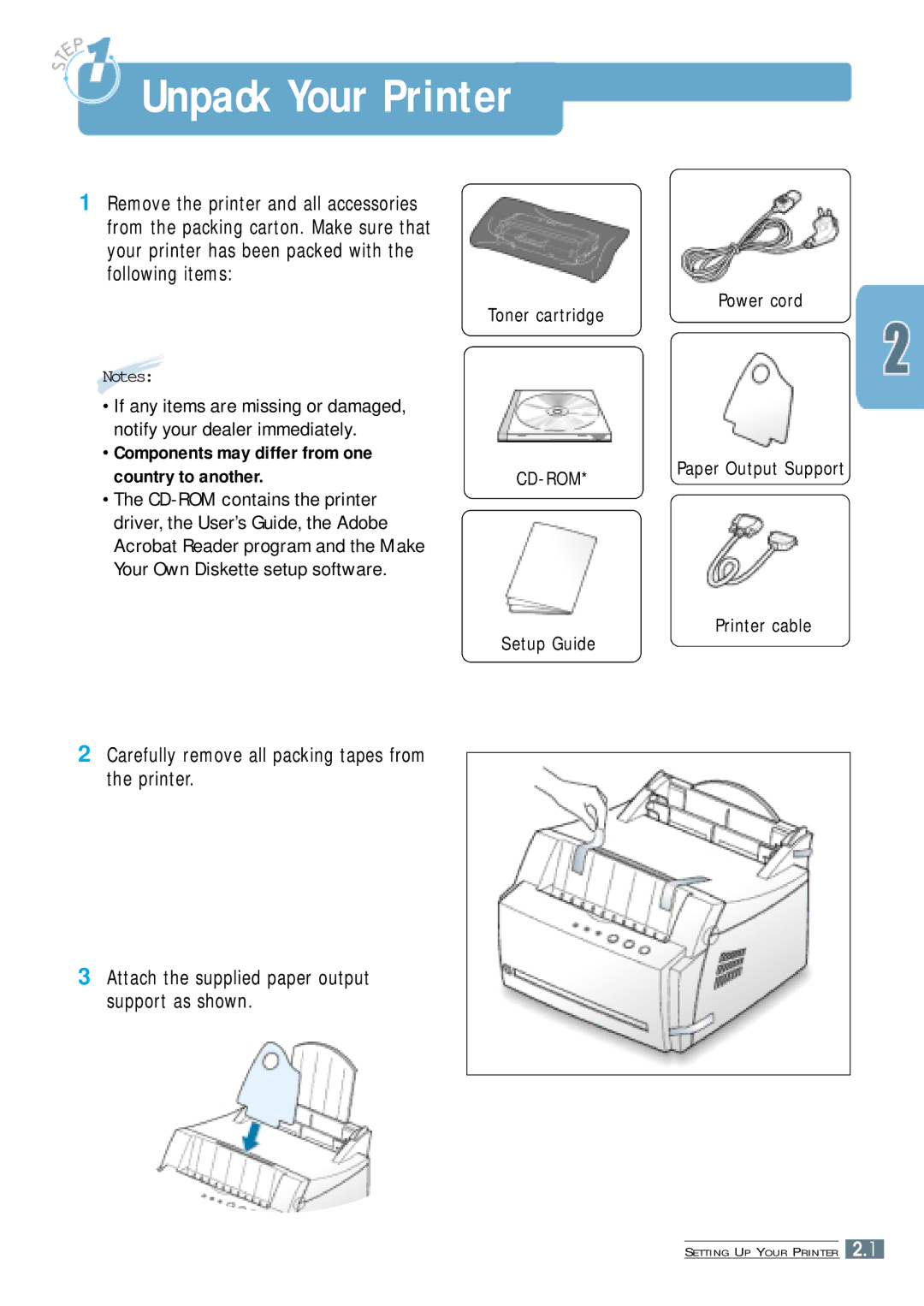 Samsung ML-4500 manual Unpack Your Printer, Carefully remove all packing tapes from the printer 