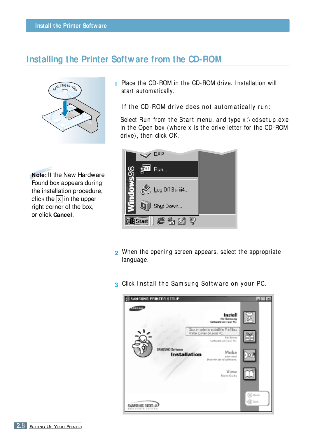 Samsung ML-4500 manual Installing the Printer Software from the CD-ROM, Install the Printer Software 