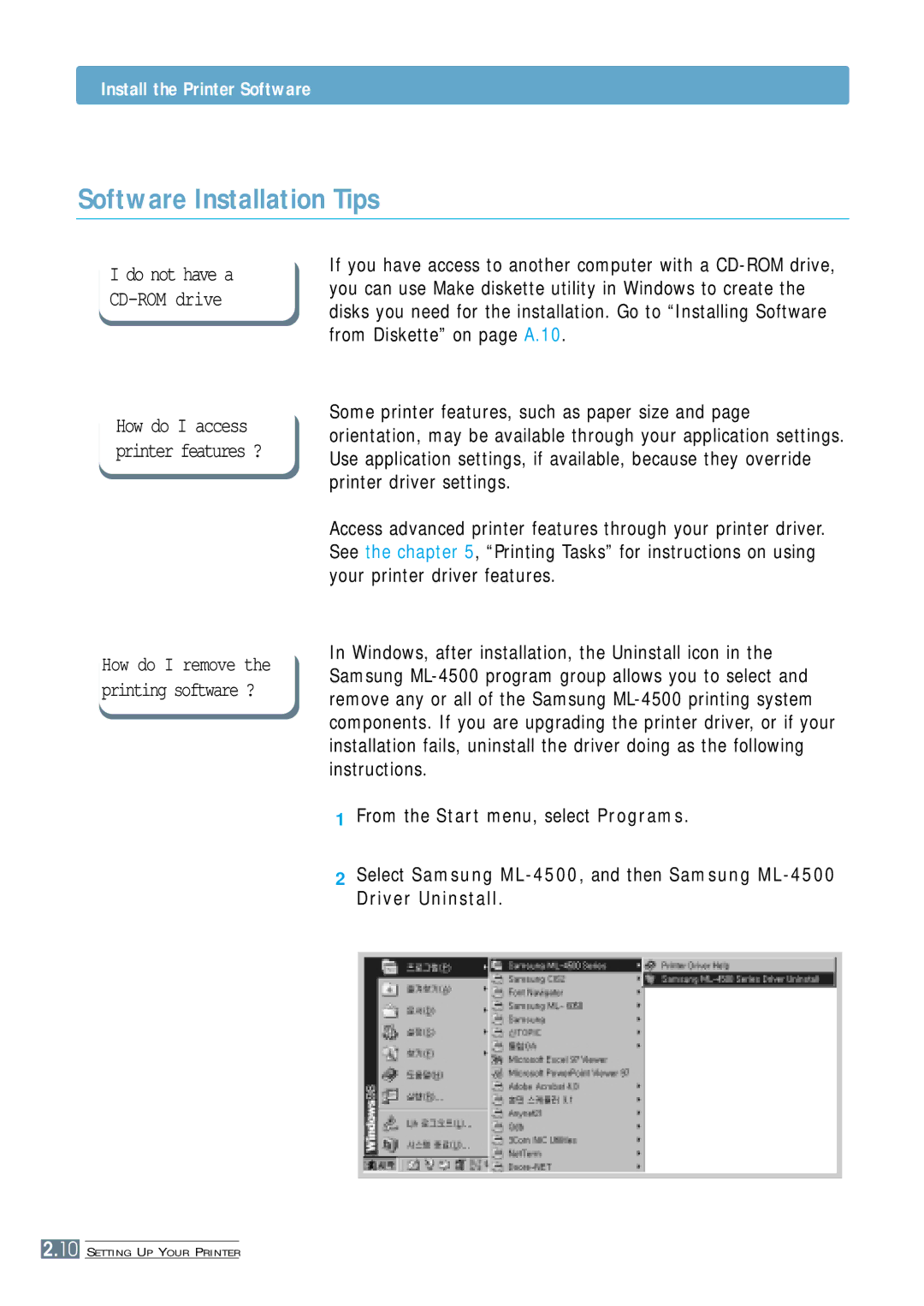 Samsung ML-4500 manual Software Installation Tips, From the Start menu, select Programs 