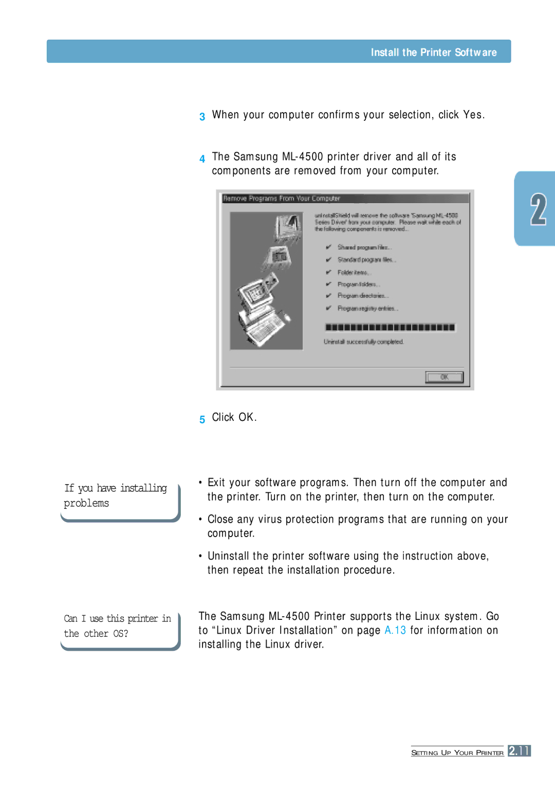 Samsung ML-4500 manual When your computer confirms your selection, click Yes, Click OK 