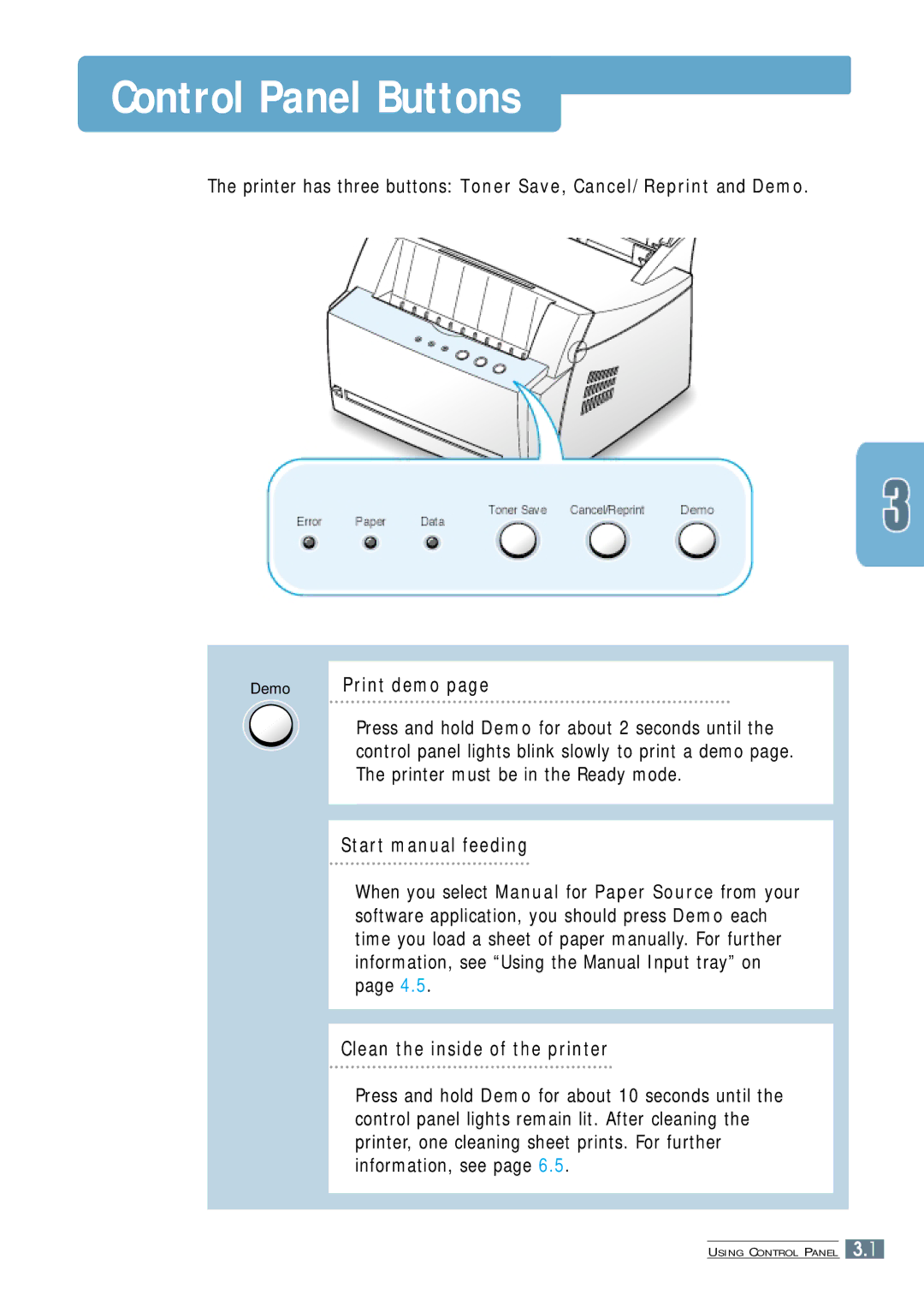 Samsung ML-4500 Control Panel Buttons, Print demo, Start manual feeding, Clean the inside of the printer 