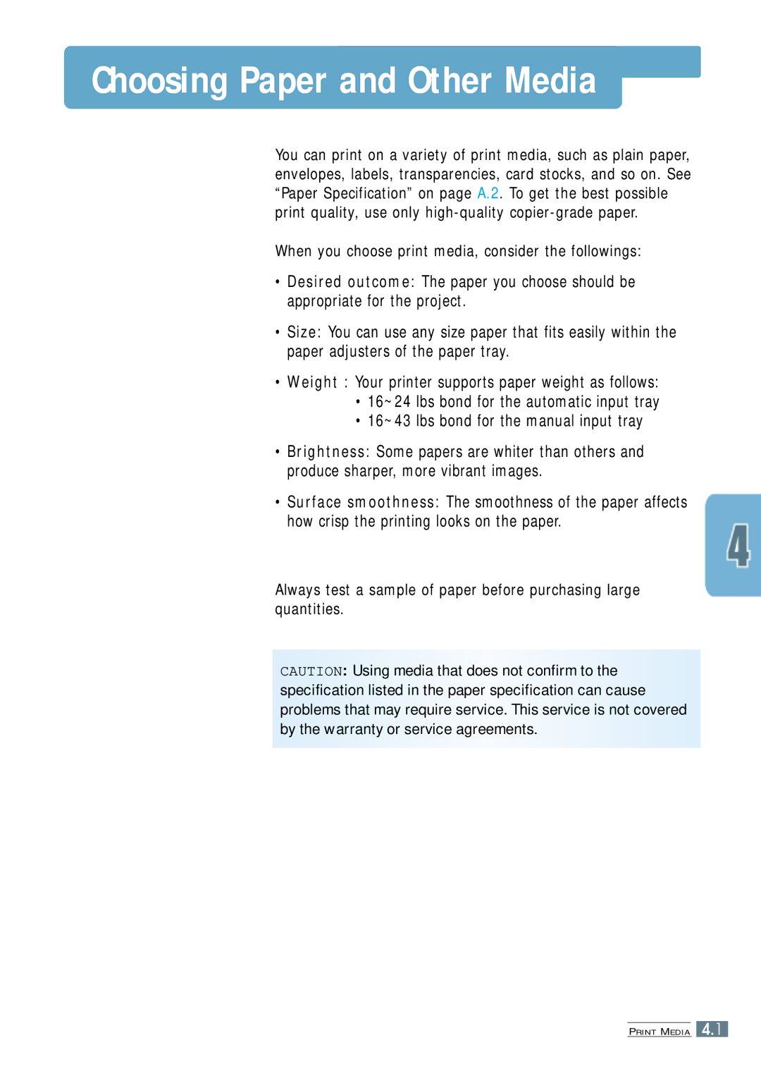 Samsung ML-4500 manual Choosing Paper and Other Media, When you choose print media, consider the followings 