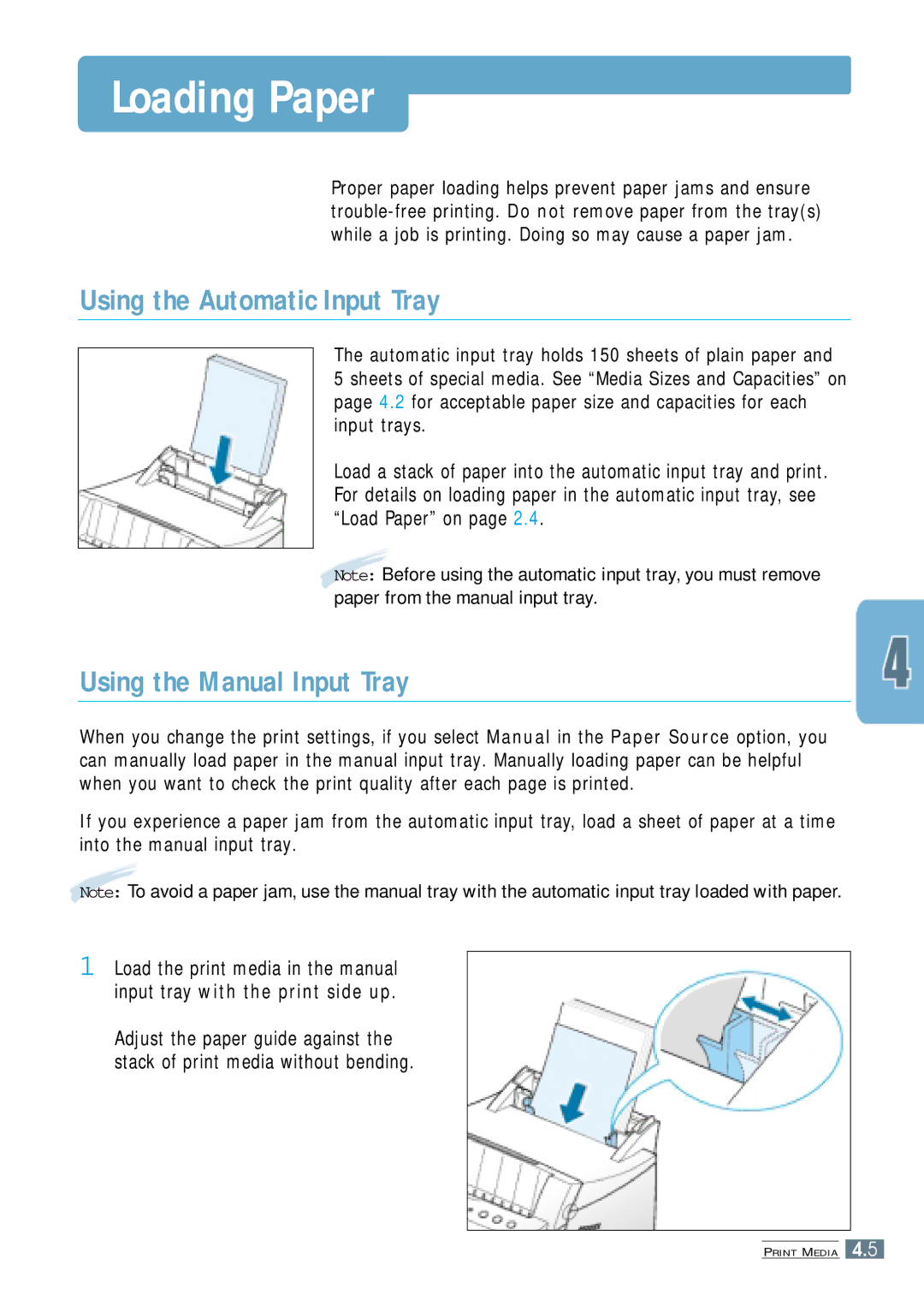 Samsung ML-4500 manual Loading Paper, Using the Automatic Input Tray, Using the Manual Input Tray 