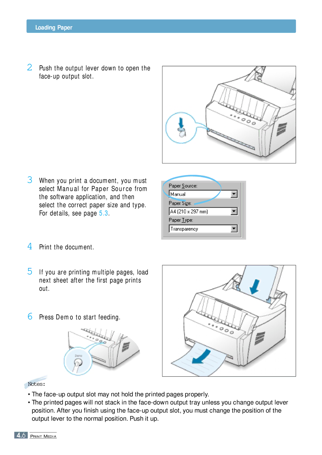 Samsung ML-4500 manual Loading Paper, Push the output lever down to open the face-up output slot 