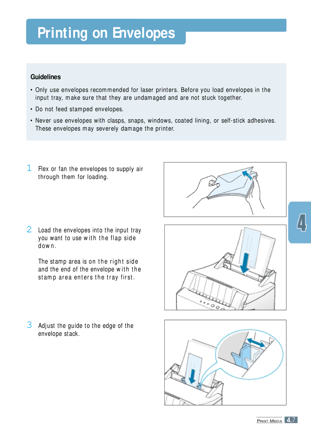 Samsung ML-4500 manual Printing on Envelopes, Adjust the guide to the edge of the envelope stack 