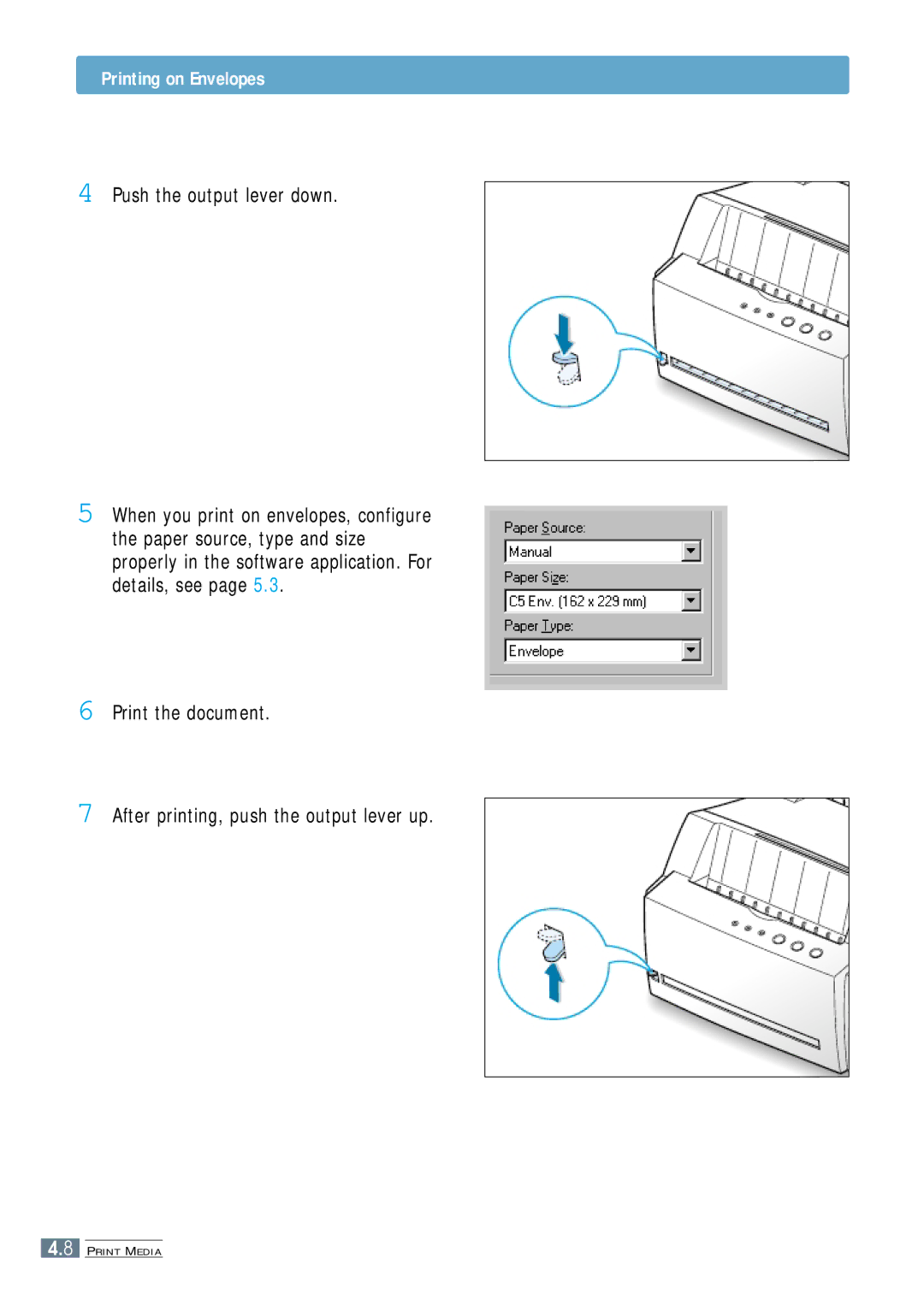 Samsung ML-4500 manual Printing on Envelopes, Push the output lever down 