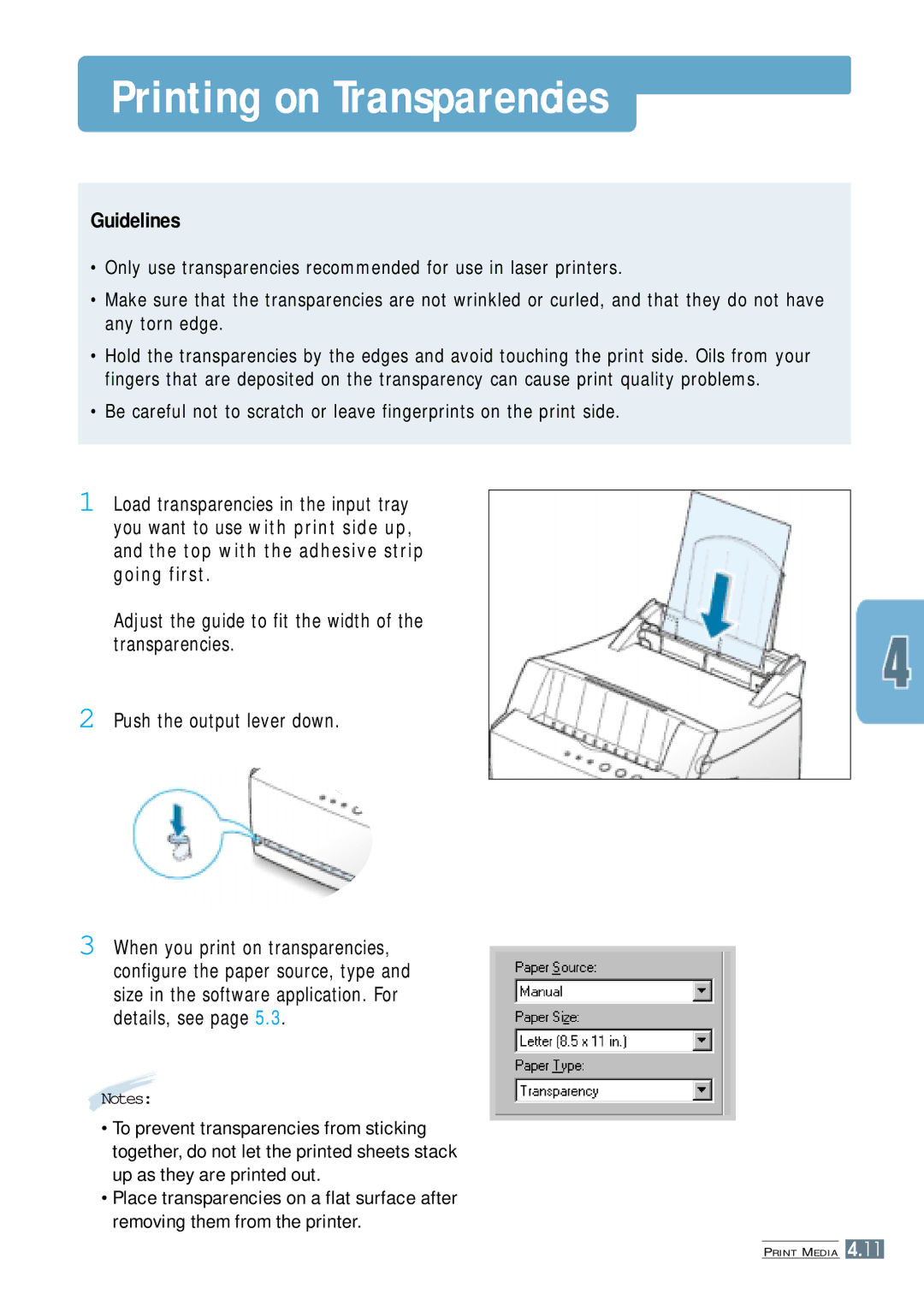 Samsung ML-4500 manual Printing on Transparencies 