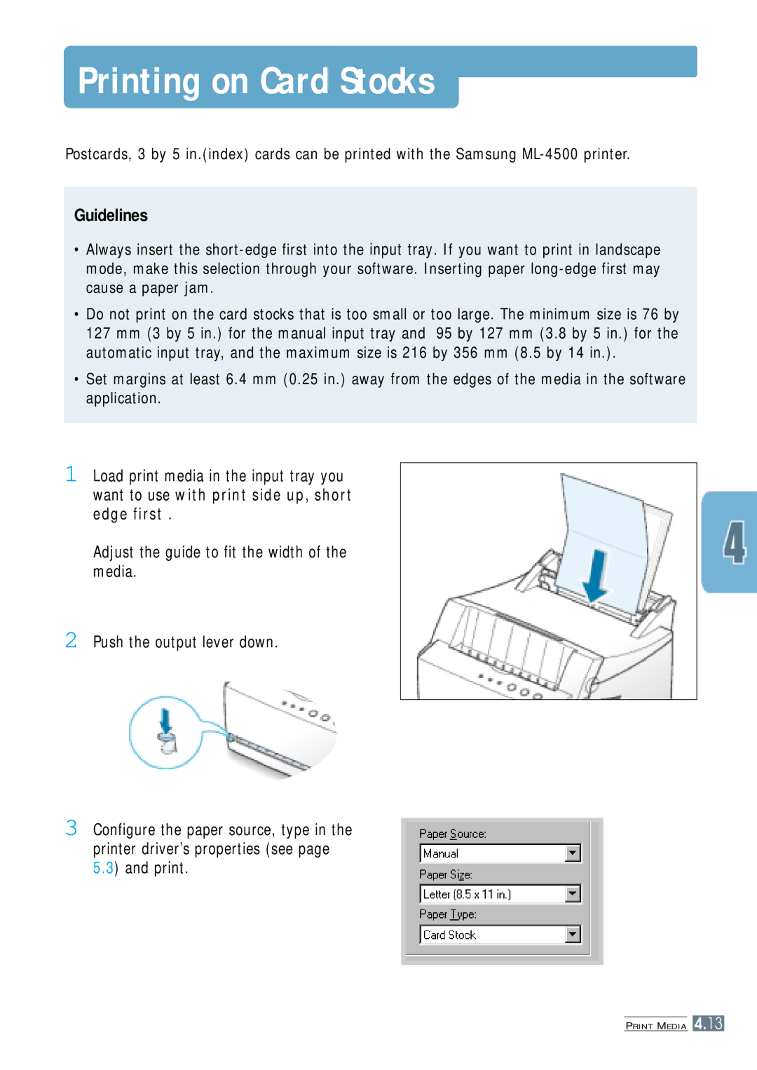 Samsung ML-4500 manual Printing on Card Stocks 