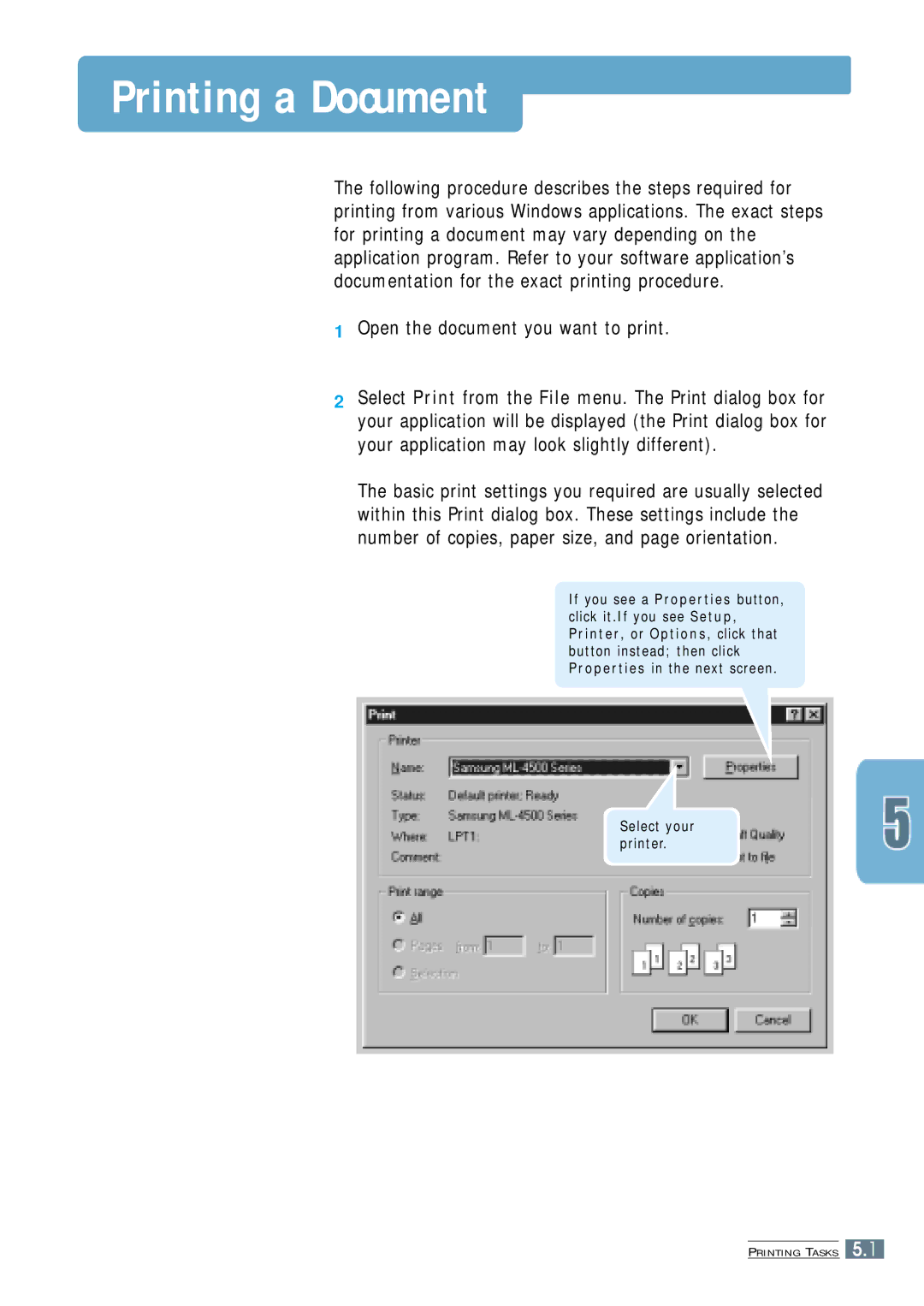 Samsung ML-4500 manual Printing a Document, Open the document you want to print 