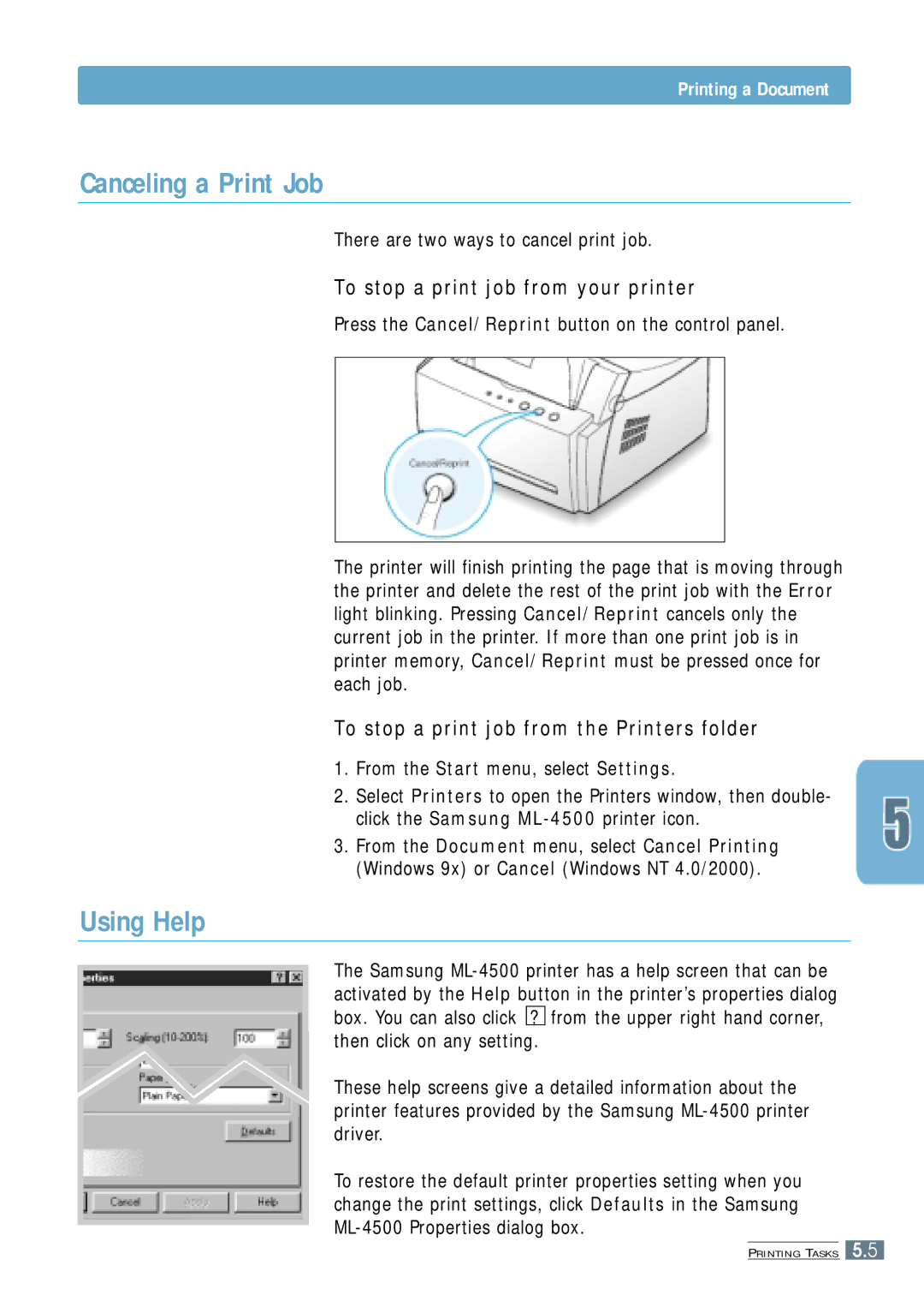 Samsung ML-4500 manual Canceling a Print Job, Using Help, To stop a print job from your printer 