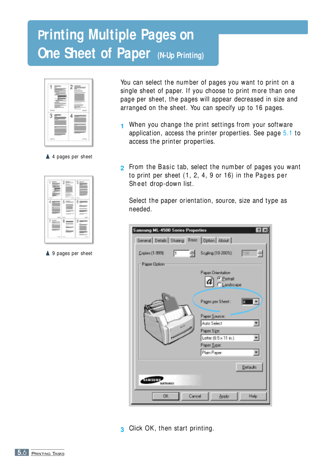 Samsung ML-4500 manual Printing Multiple Pages on One Sheet of Paper N-Up Printing, Click OK, then start printing 