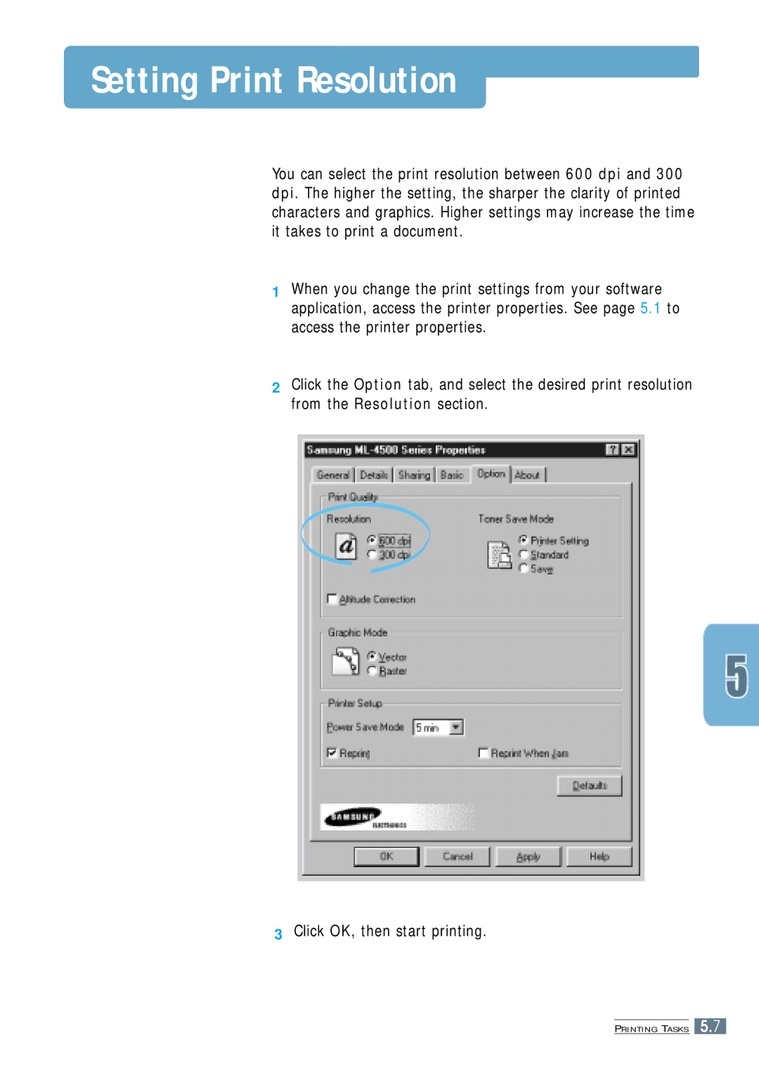 Samsung ML-4500 manual Setting Print Resolution 