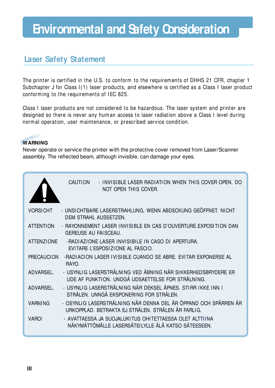 Samsung ML-4500 manual Environmental and Safety Consideration, Laser Safety Statement 