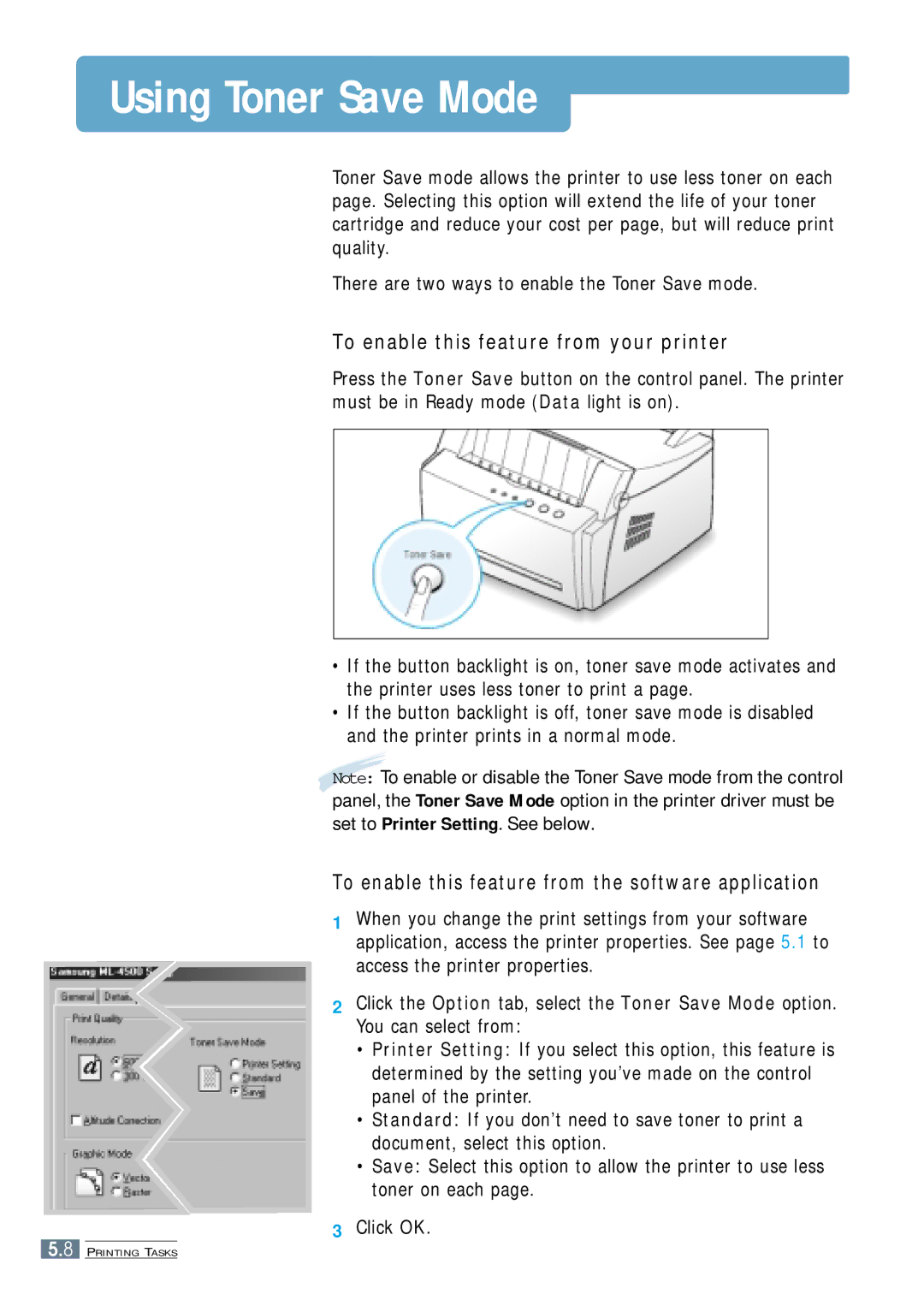 Samsung ML-4500 manual Using Toner Save Mode, To enable this feature from your printer 