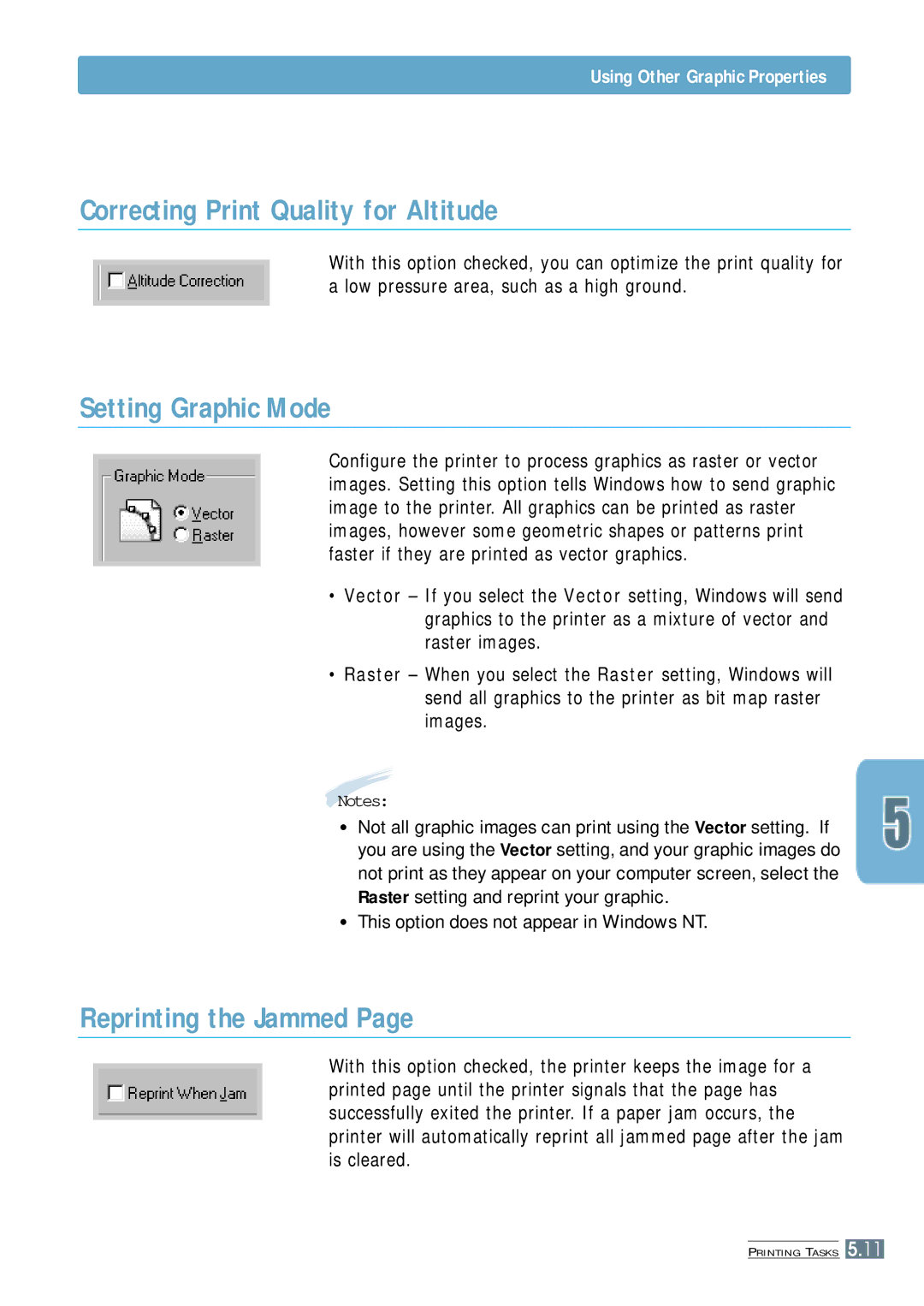 Samsung ML-4500 manual Correcting Print Quality for Altitude, Setting Graphic Mode, Reprinting the Jammed 