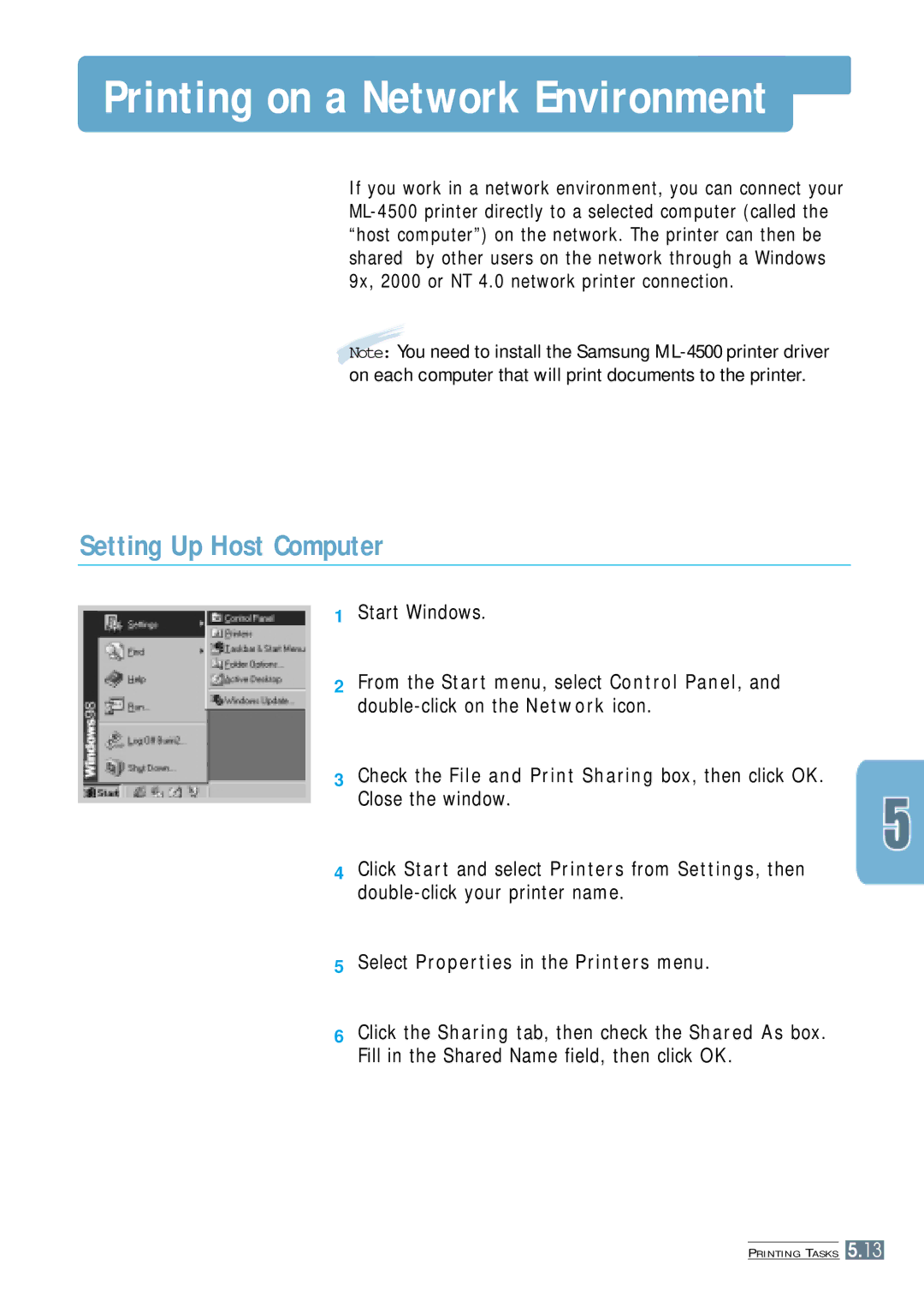 Samsung ML-4500 manual Printing on a Network Environment, Setting Up Host Computer, Start Windows 