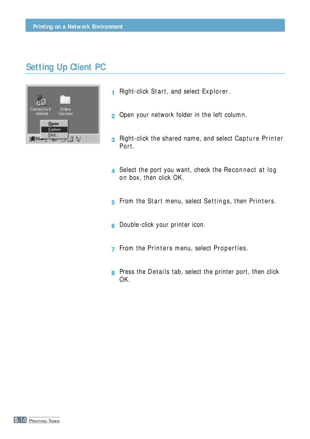 Samsung ML-4500 manual Setting Up Client PC, Printing on a Network Environment 