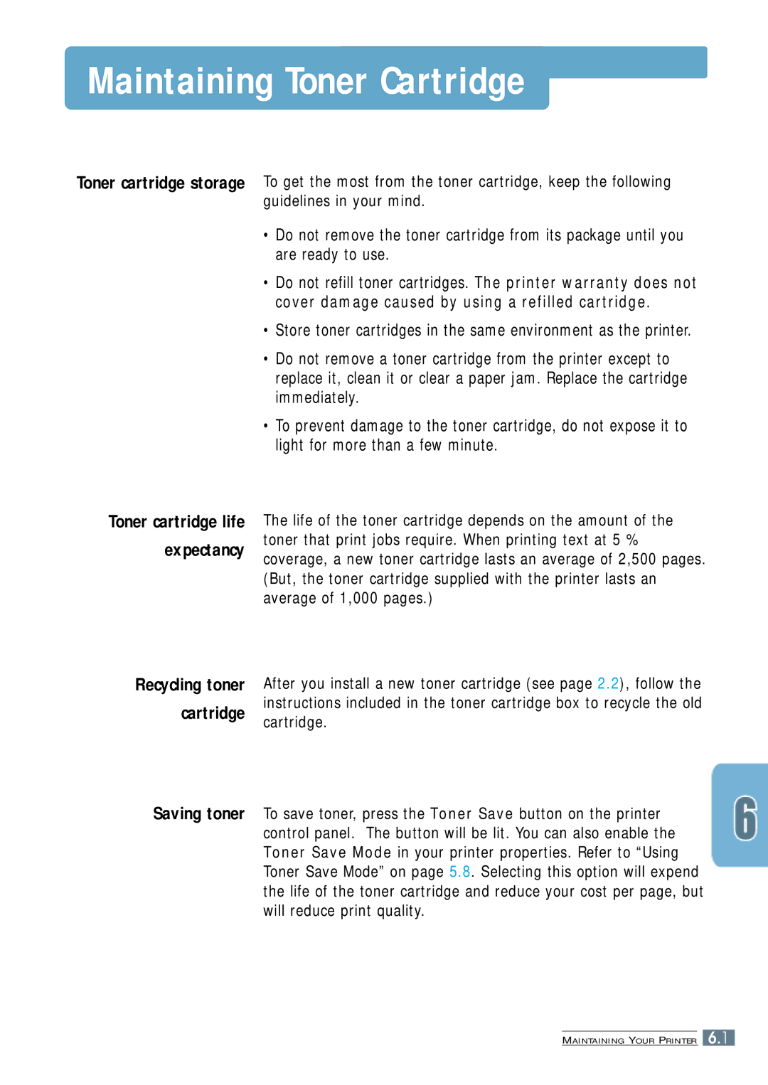 Samsung ML-4500 manual Maintaining Toner Cartridge, Saving toner 