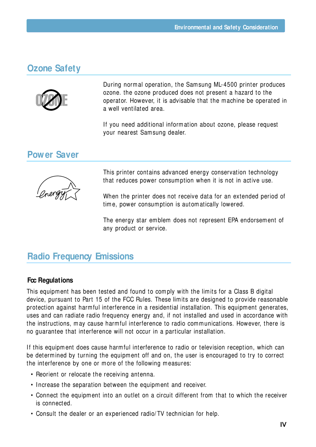 Samsung ML-4500 manual Ozone Safety, Power Saver, Radio Frequency Emissions 