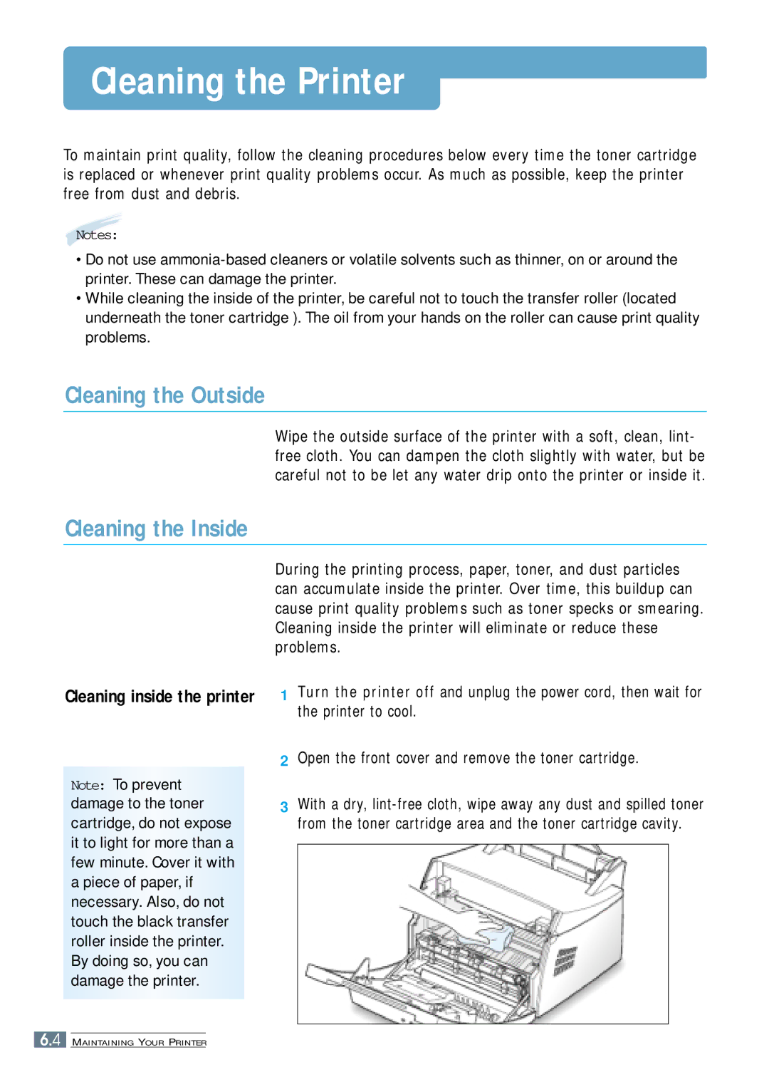 Samsung ML-4500 manual Cleaning the Printer, Cleaning the Outside, Cleaning the Inside 