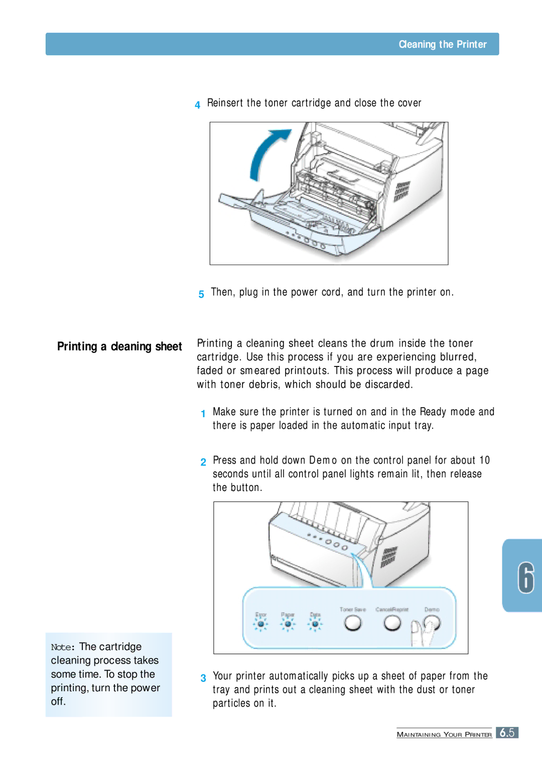 Samsung ML-4500 manual Cleaning the Printer, Reinsert the toner cartridge and close the cover 