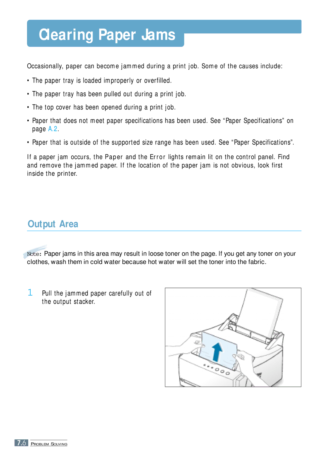 Samsung ML-4500 manual Clearing Paper Jams, Output Area, Pull the jammed paper carefully out of the output stacker 