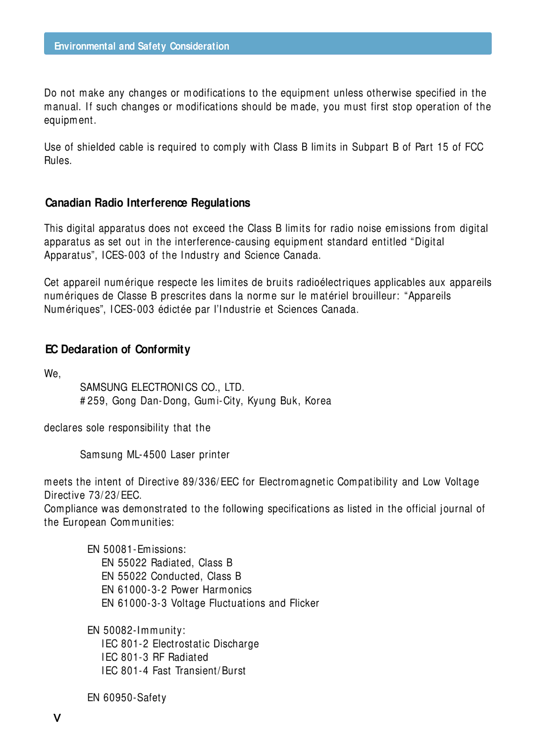 Samsung ML-4500 manual Canadian Radio Interference Regulations, Environmental and Safety Consideration 