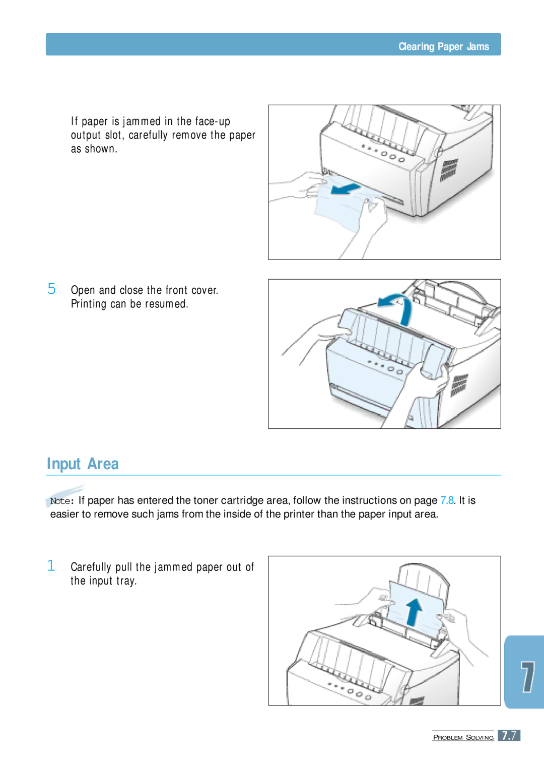 Samsung ML-4500 manual Input Area, Clearing Paper Jams, Carefully pull the jammed paper out of the input tray 