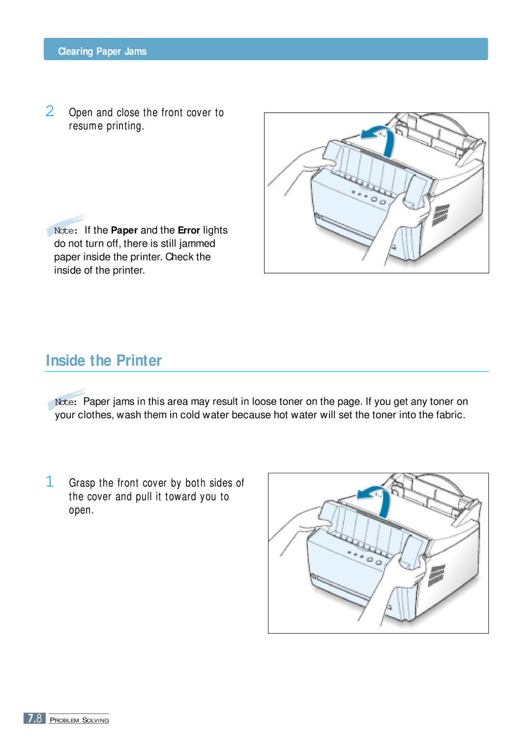 Samsung ML-4500 manual Inside the Printer, Open and close the front cover to resume printing 