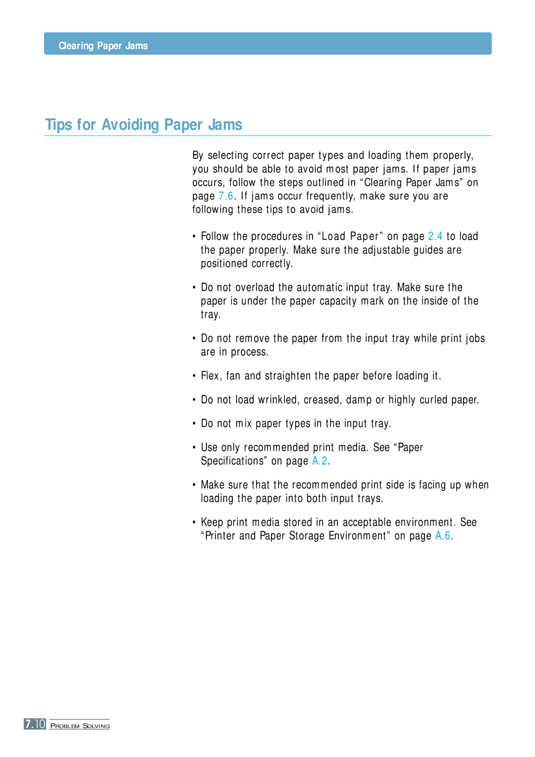 Samsung ML-4500 manual Tips for Avoiding Paper Jams, Do not mix paper types in the input tray 