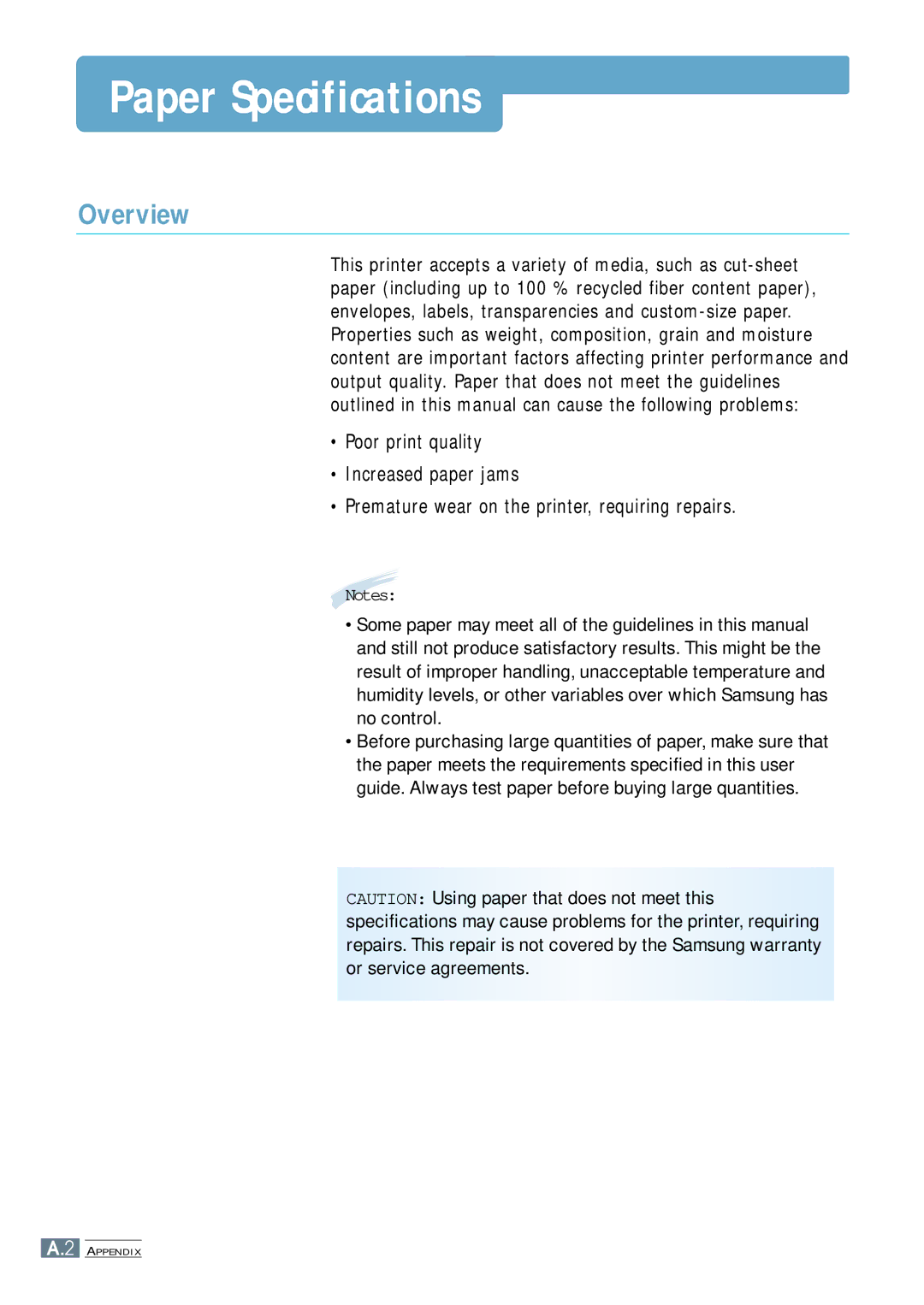 Samsung ML-4500 manual Paper Specifications, Overview 